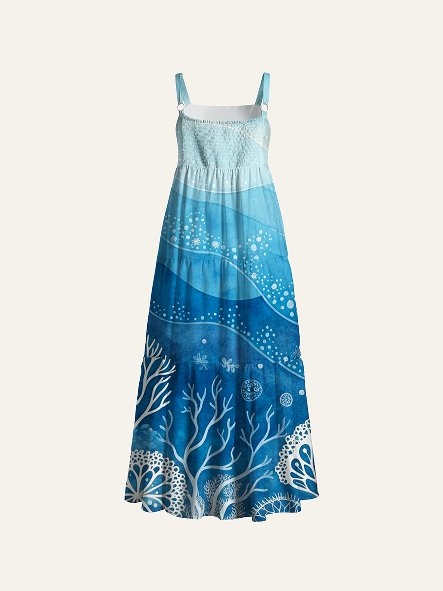 Soft Light Blue Watercolor Ocean Coral Adjustable Wide Straps Maxi Dress