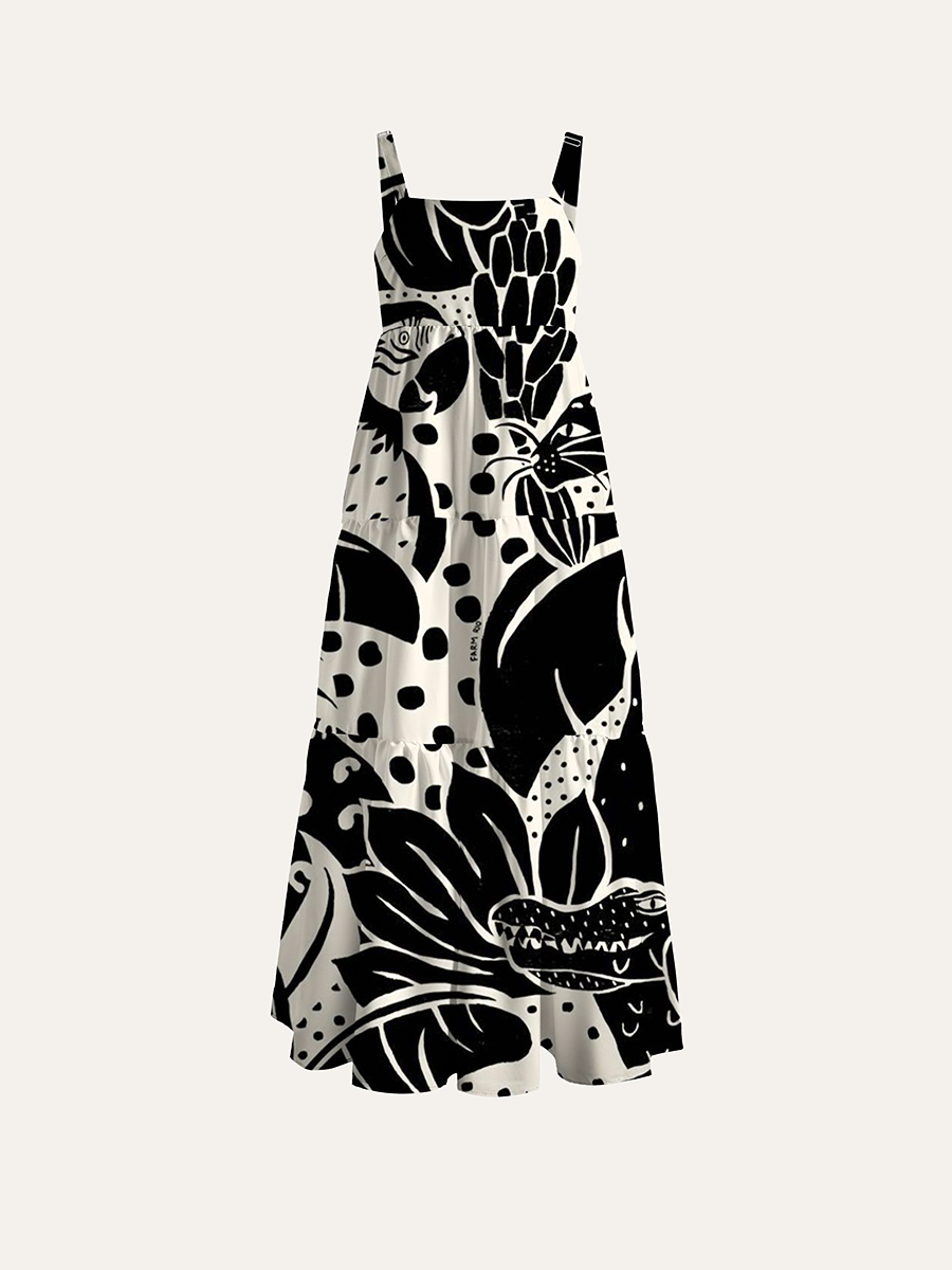 Vintage Tropical Jungle Animal Adjustable Wide Straps Maxi Dress