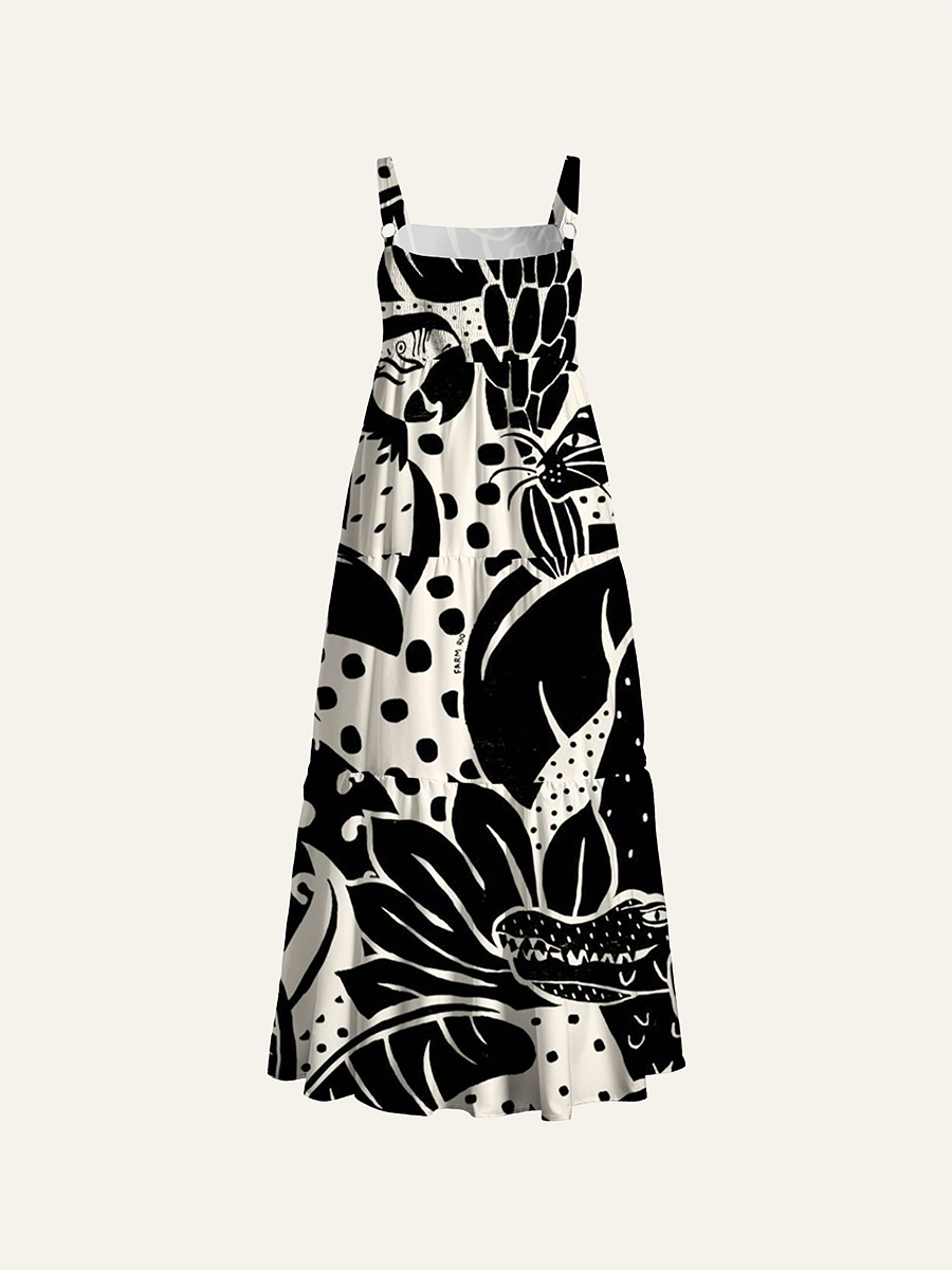 Vintage Tropical Jungle Animal Adjustable Wide Straps Maxi Dress