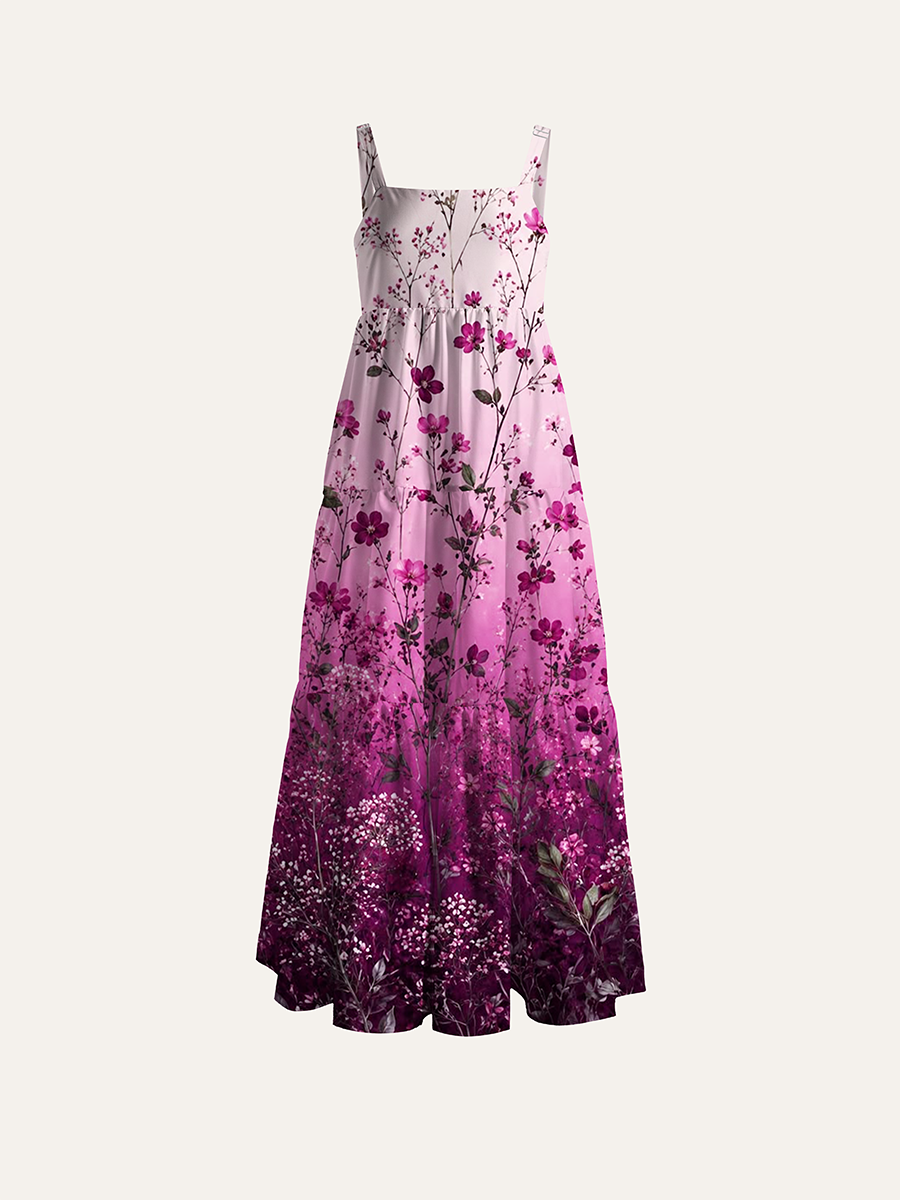 Gradient Wild Rose Floral Adjustable Wide Straps Maxi Dress