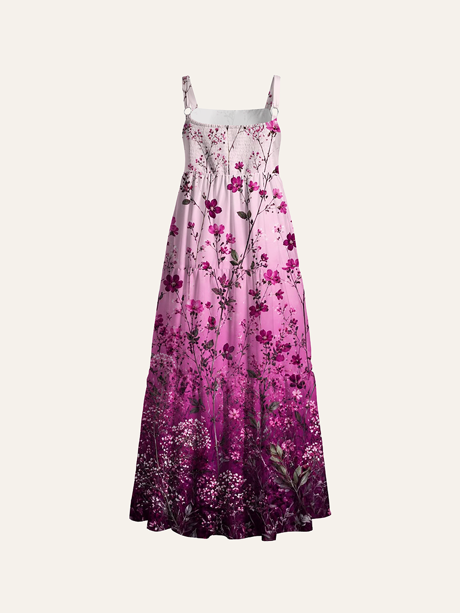 Gradient Wild Rose Floral Adjustable Wide Straps Maxi Dress