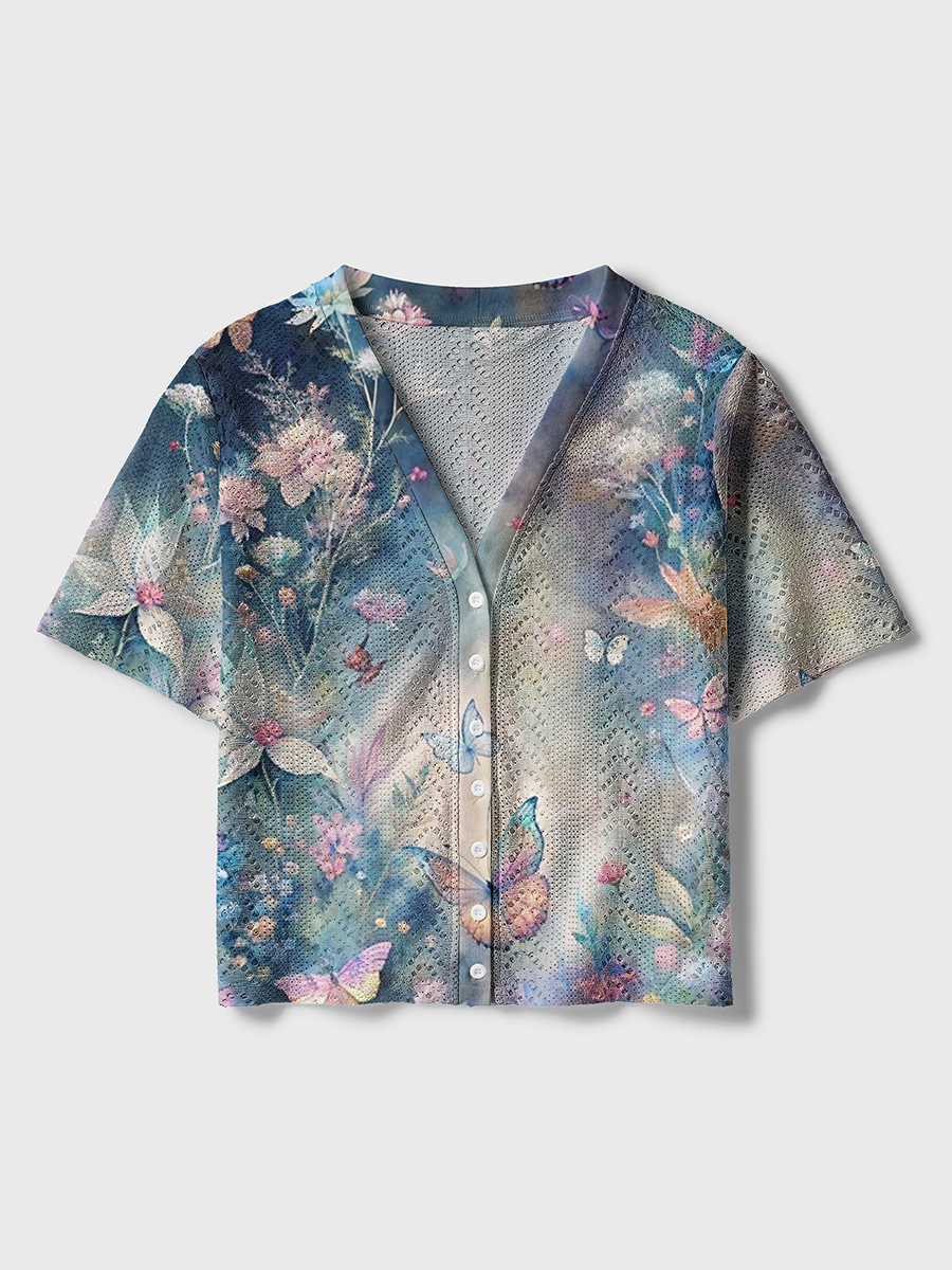 Soft Watercolor Pastel Butterfly Wildflower Crochet Button Down Cardigan