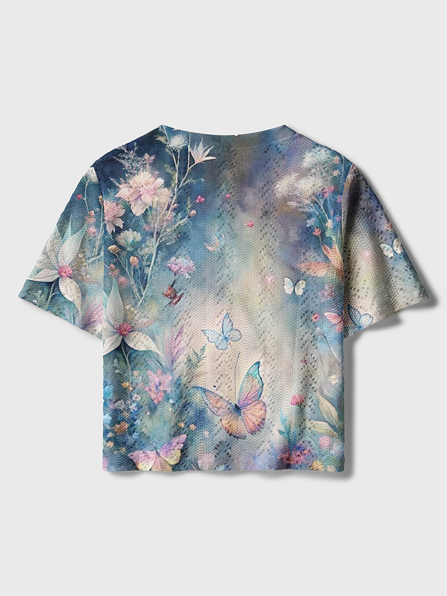 Soft Watercolor Pastel Butterfly Wildflower Crochet Button Down Cardigan