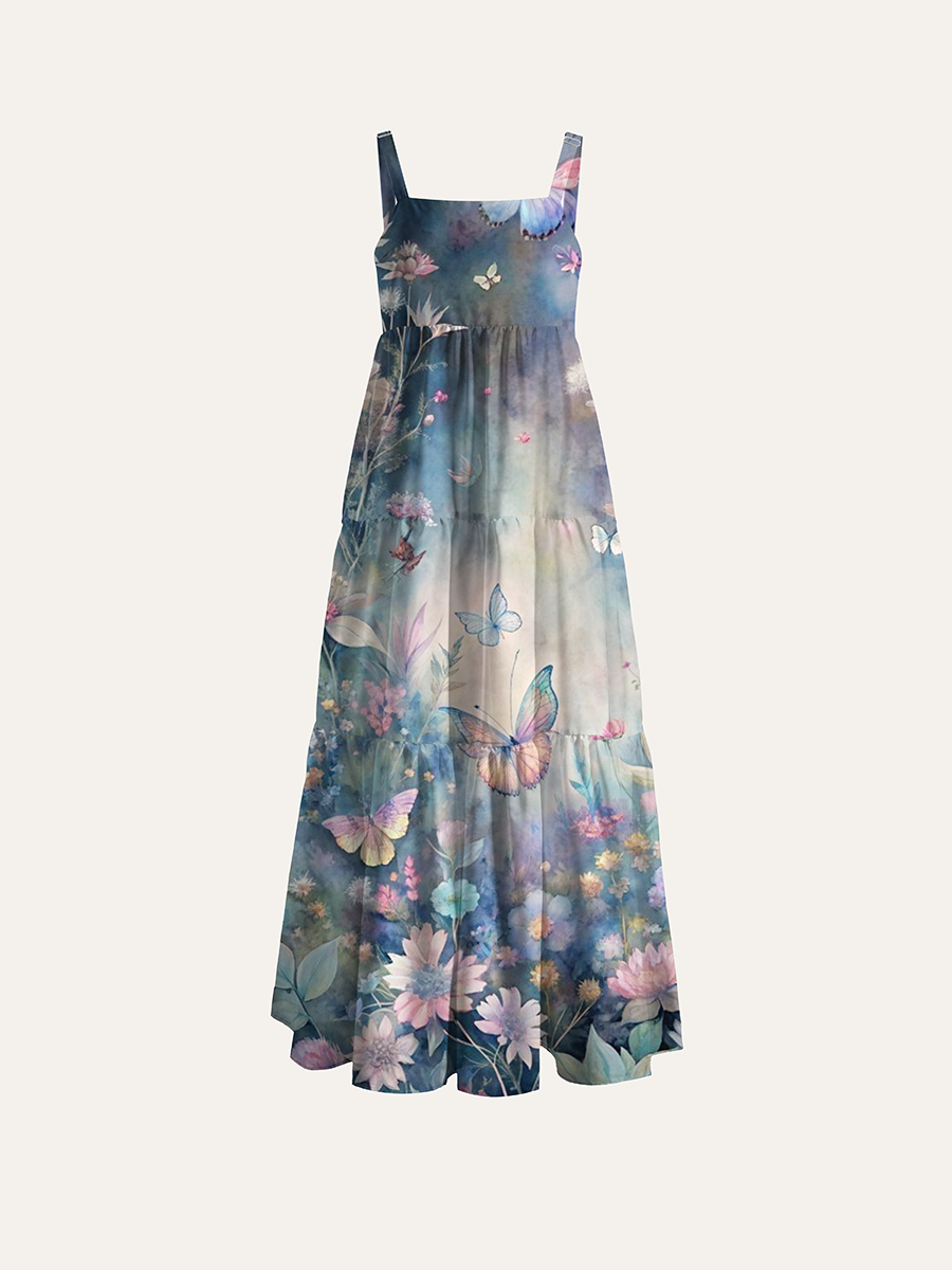 Soft Watercolor Pastel Butterfly Wildflower Adjustable Wide Straps Maxi Dress