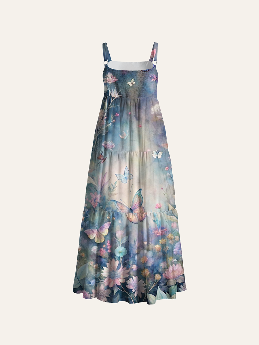 Soft Watercolor Pastel Butterfly Wildflower Adjustable Wide Straps Maxi Dress
