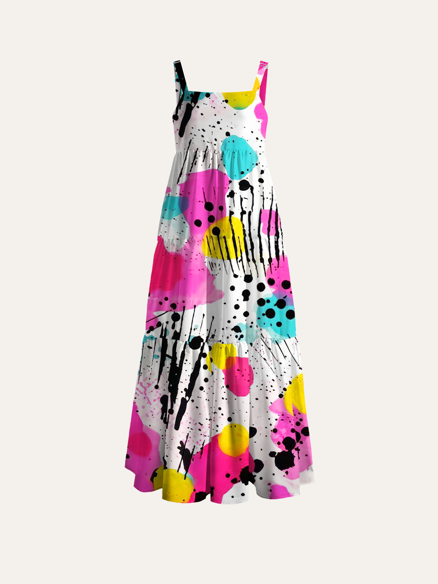 Neon Paint Splatter Print Adjustable Wide Straps Maxi Dress