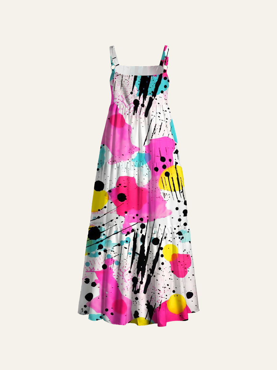 Neon Paint Splatter Print Adjustable Wide Straps Maxi Dress