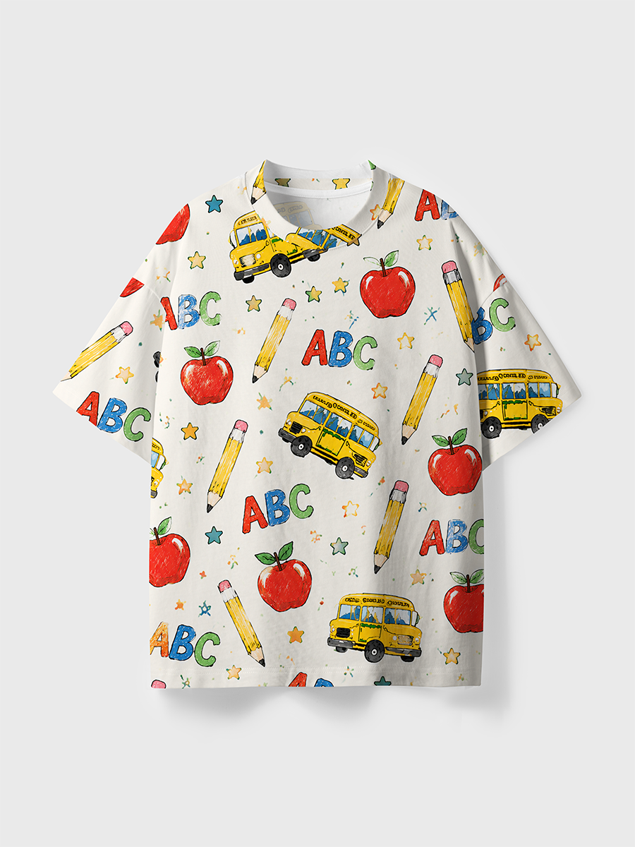 Vintage Cream Hand Drawn School Bus Apple Kid All Over Print T-Shirt