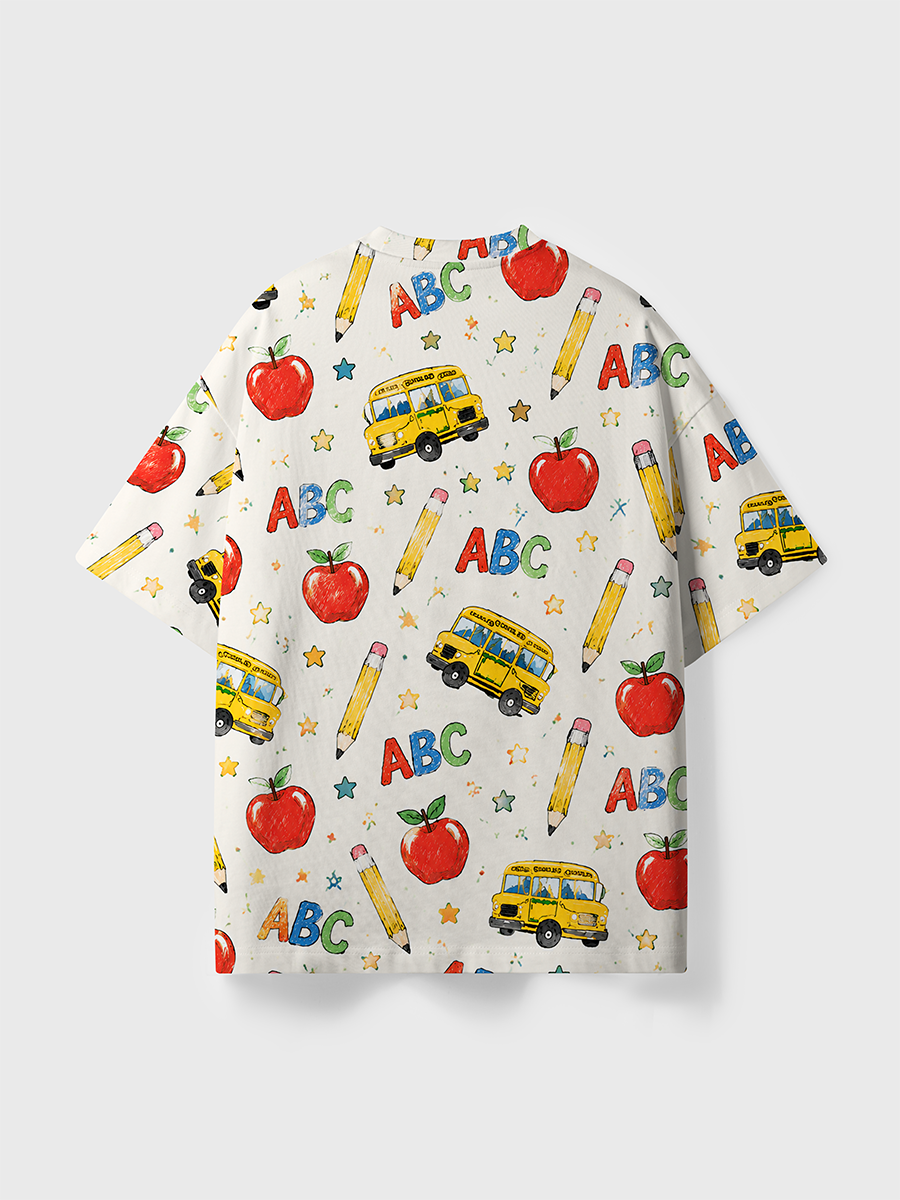 Vintage Cream Hand Drawn School Bus Apple Kid All Over Print T-Shirt