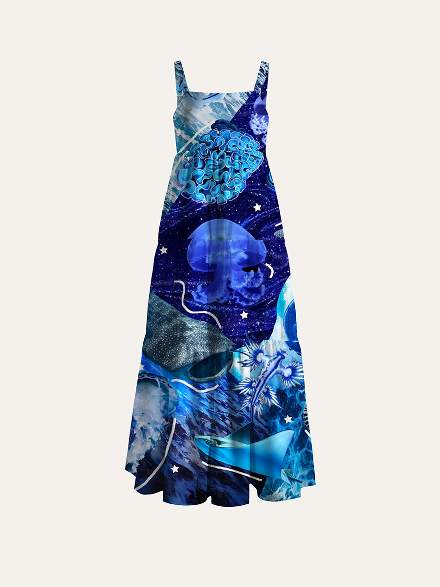 Cosmic Marine Fantasy Adjustable Wide Straps Maxi Dress