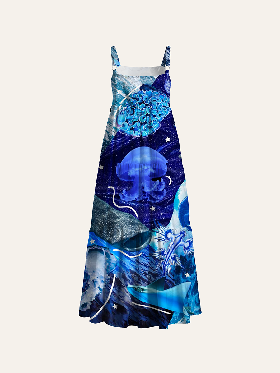 Cosmic Marine Fantasy Adjustable Wide Straps Maxi Dress