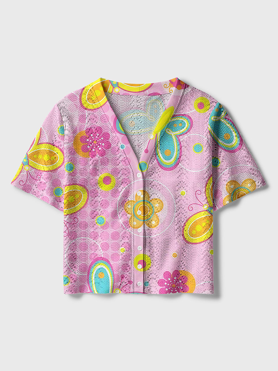 Cute Cartoon Butterfly Floral Ladybug Crochet Button Down Cardigan
