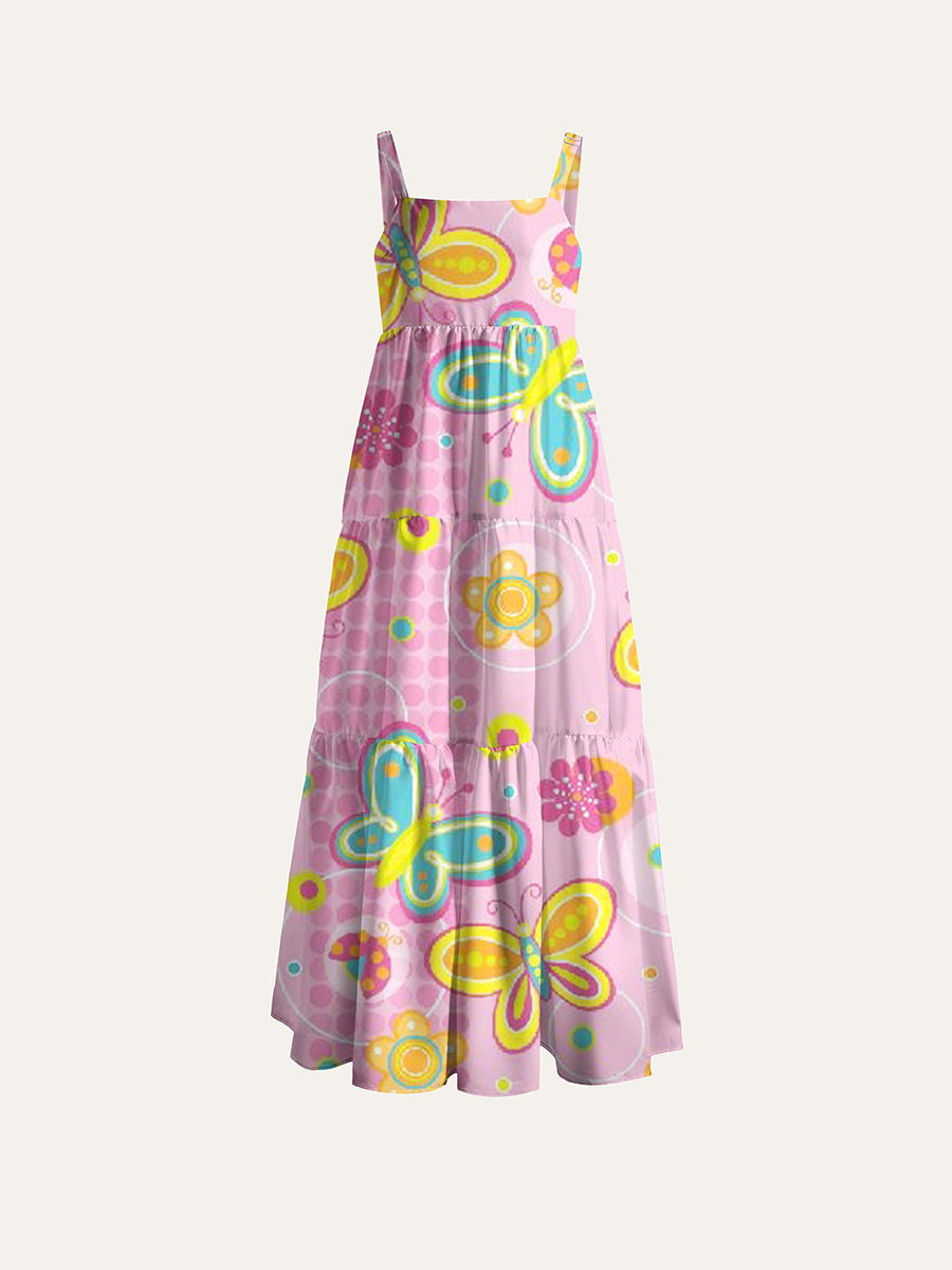 Cute Cartoon Butterfly Floral Ladybug Adjustable Wide Straps Maxi Dress