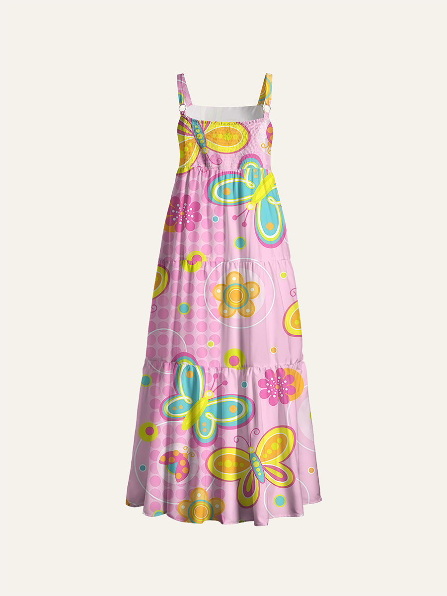 Cute Cartoon Butterfly Floral Ladybug Adjustable Wide Straps Maxi Dress