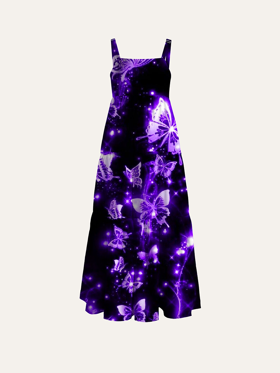 Glowing Neon Purple Butterfly Adjustable Wide Straps Maxi Dress