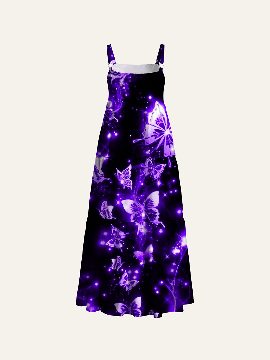 Glowing Neon Purple Butterfly Adjustable Wide Straps Maxi Dress