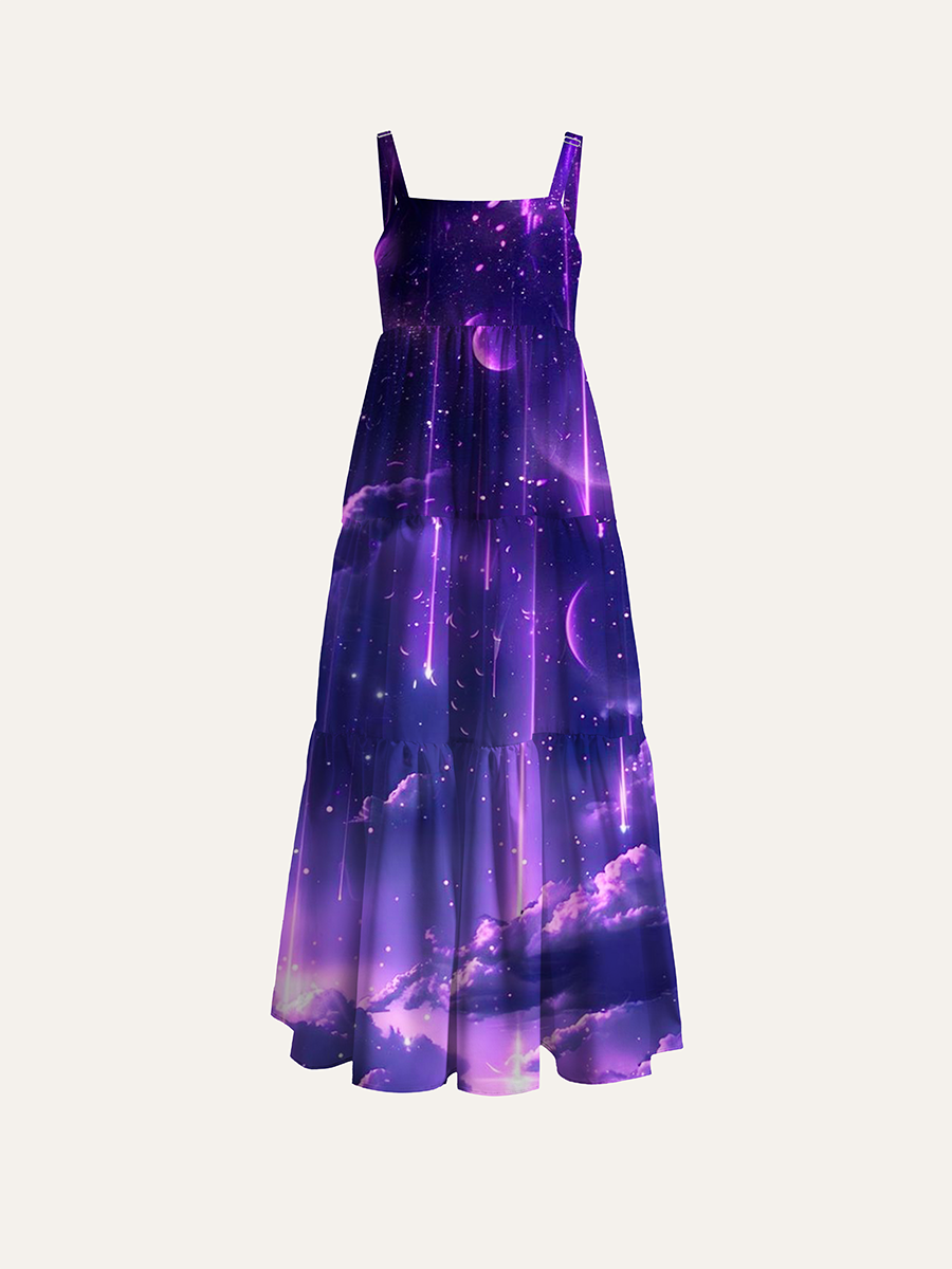 Purple Meteor Shower Galaxy Landscape Adjustable Wide Straps Maxi Dress