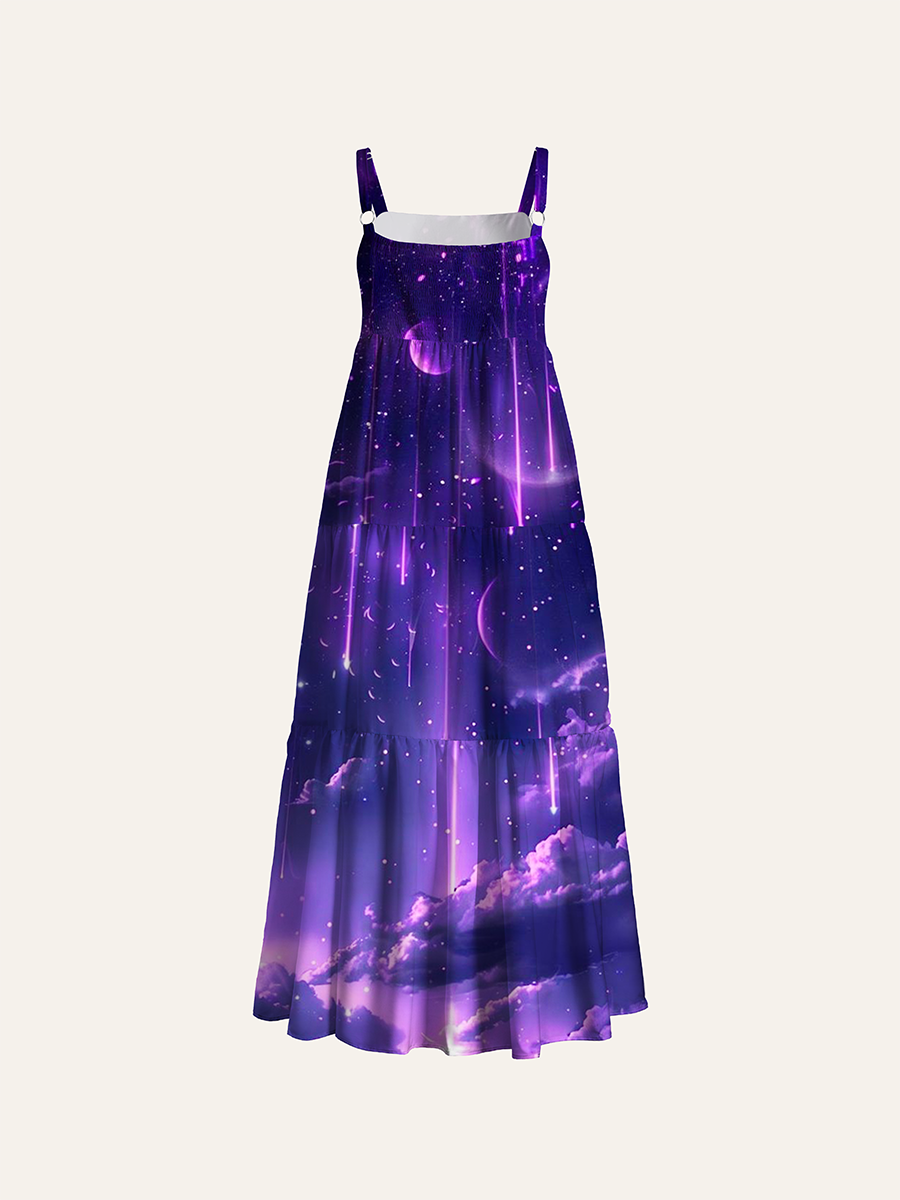 Purple Meteor Shower Galaxy Landscape Adjustable Wide Straps Maxi Dress