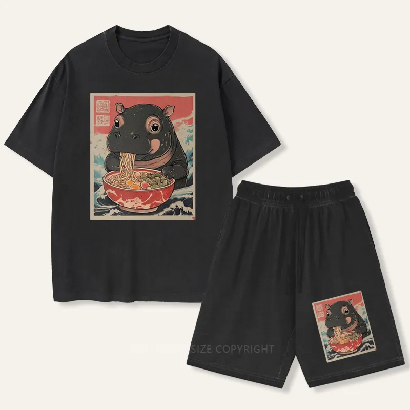 Vintage Moo Deng Hippo Eat Ramen Gradient Washed Suit