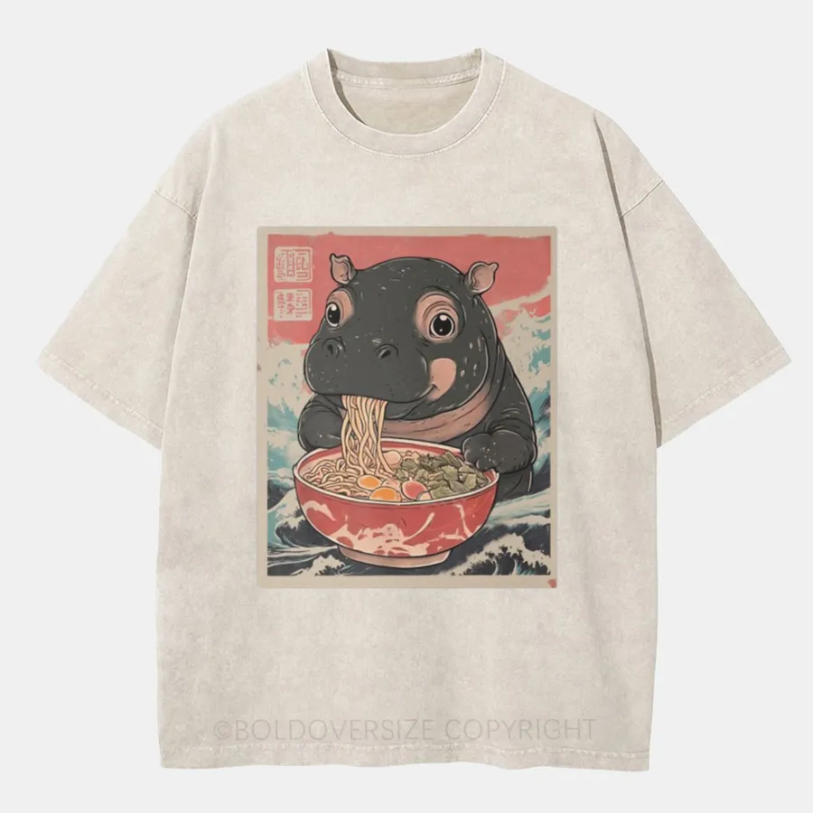 Vintaget Moo Deng Hippo Eat Ramen Washed T-Shirt