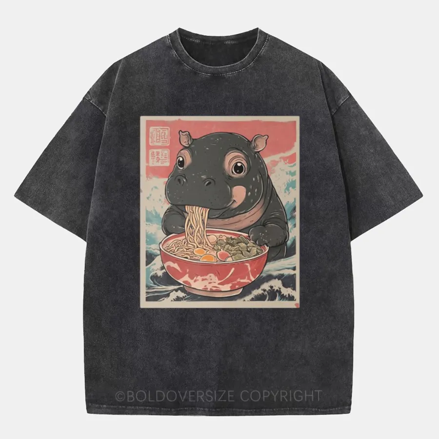 Vintaget Moo Deng Hippo Eat Ramen Washed T-Shirt
