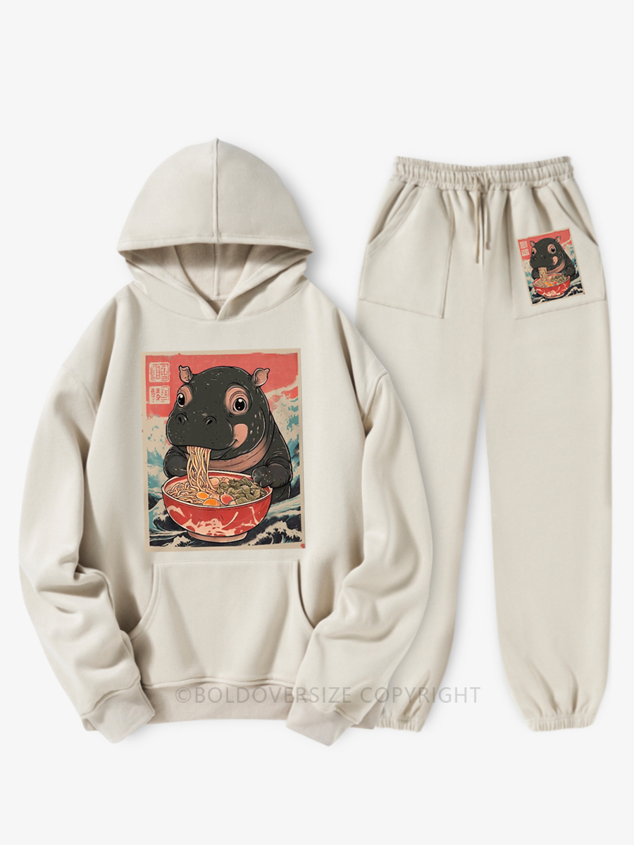 Vintage Moo Deng Hippo Eat Ramen Fleece Hoodie Suit