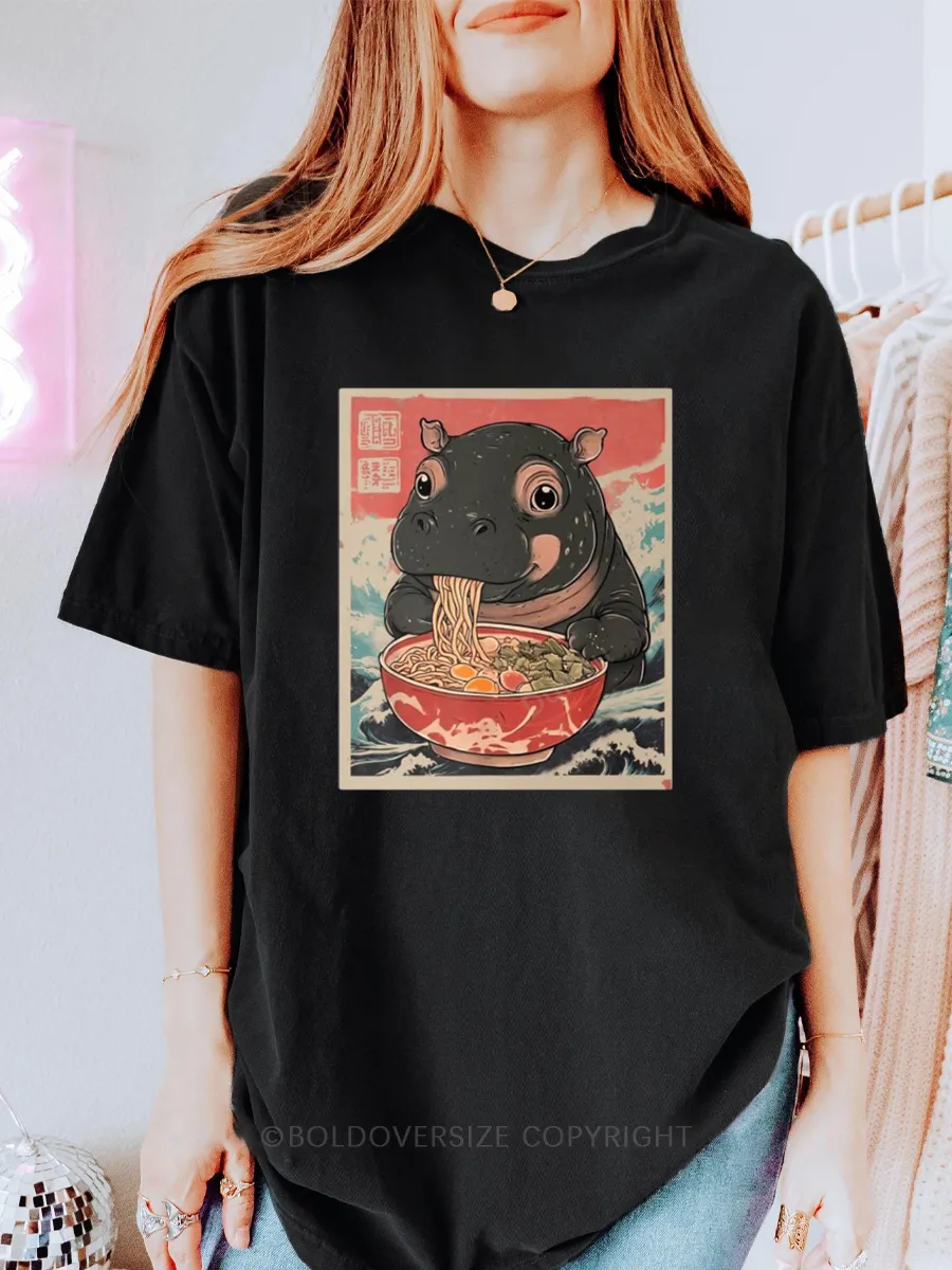 Vintage Moo Deng Hippo Eat Ramen Tee