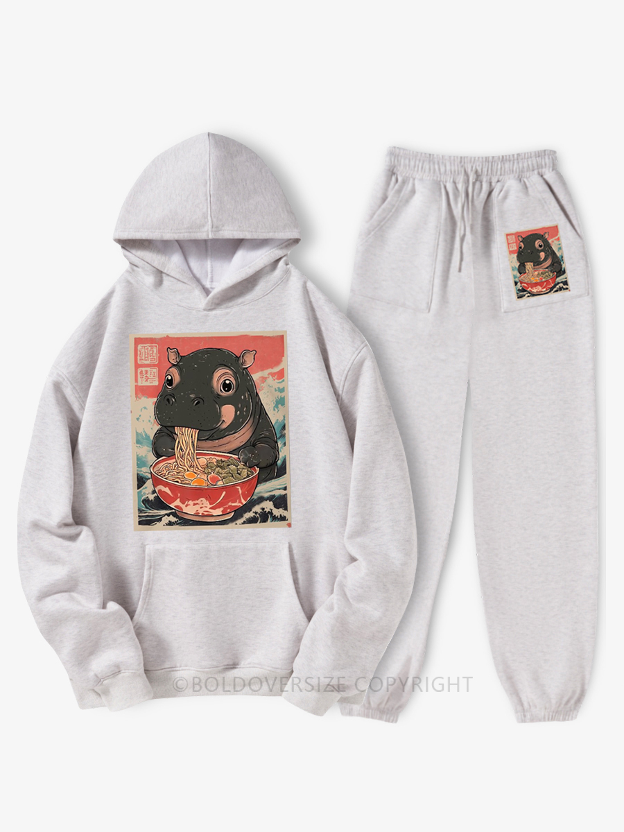 Vintage Moo Deng Hippo Eat Ramen Fleece Hoodie Suit