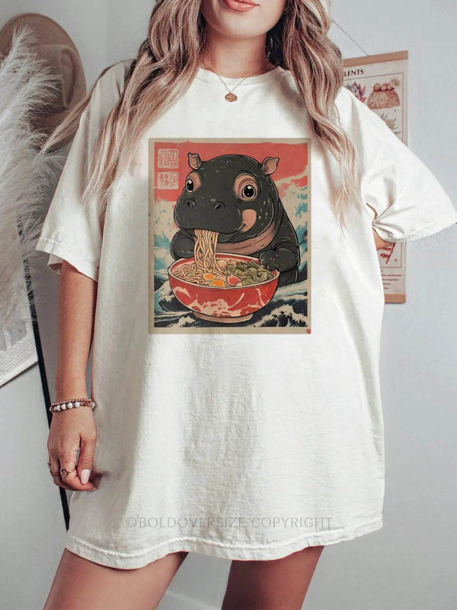 Vintage Moo Deng Hippo Eat Ramen Tee