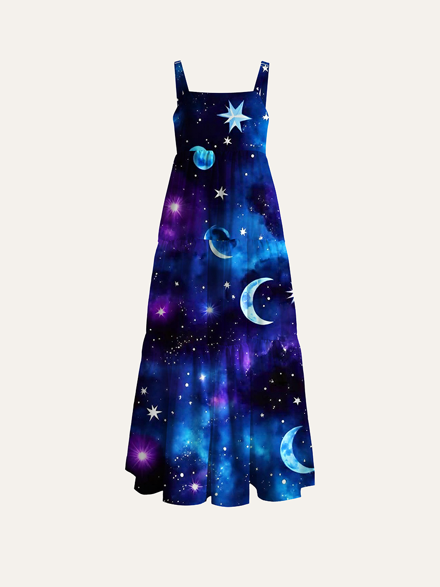 Galaxy Moon Star Adjustable Wide Straps Maxi Dress