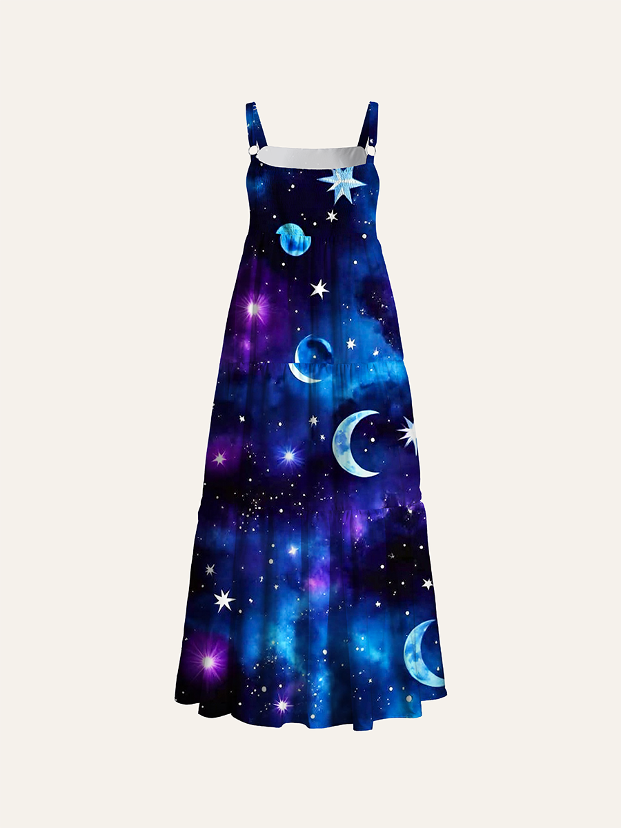 Galaxy Moon Star Adjustable Wide Straps Maxi Dress