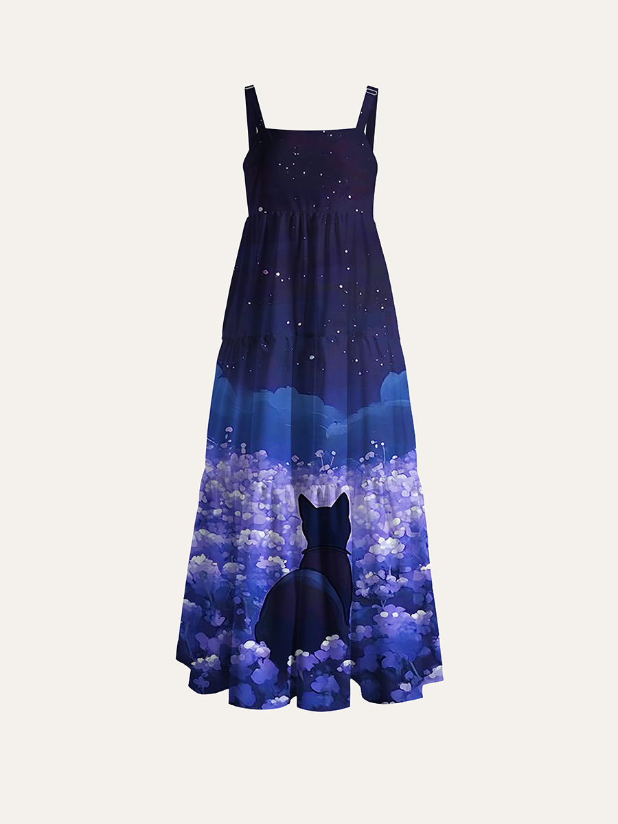 Purple Hydrangea Field Black Cat Silhouette Adjustable Wide Straps Maxi Dress