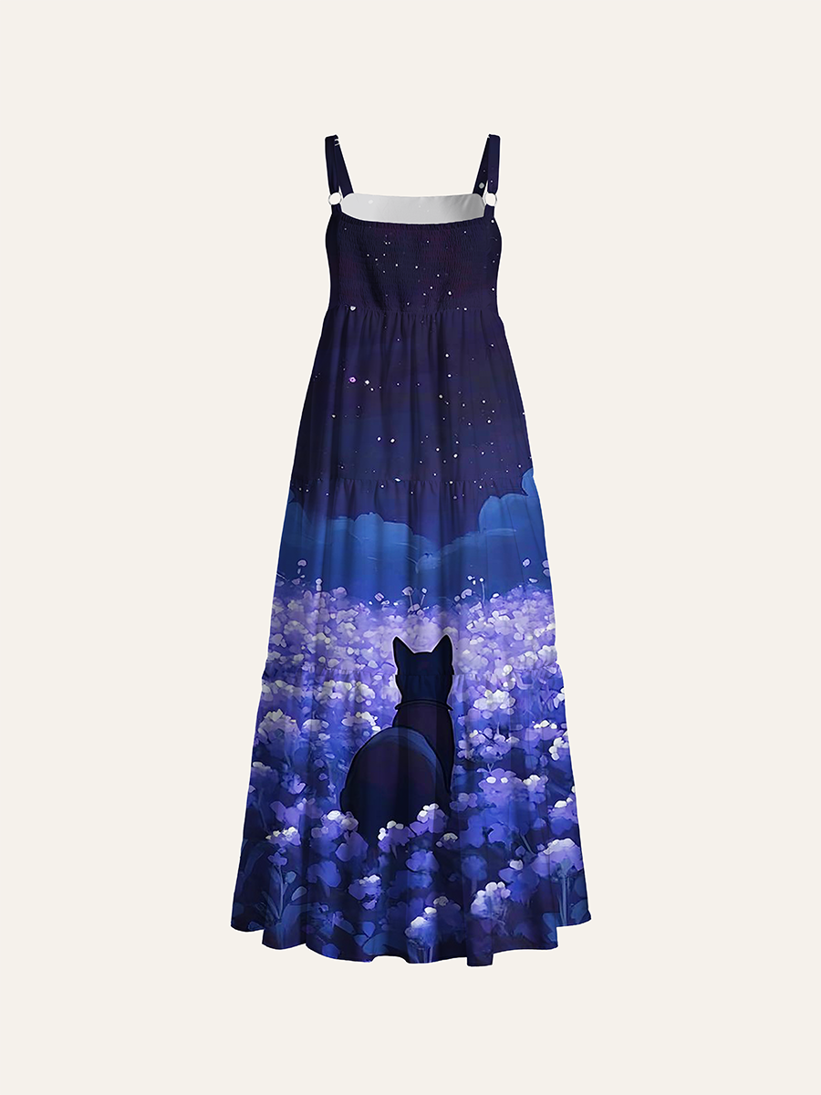 Purple Hydrangea Field Black Cat Silhouette Adjustable Wide Straps Maxi Dress