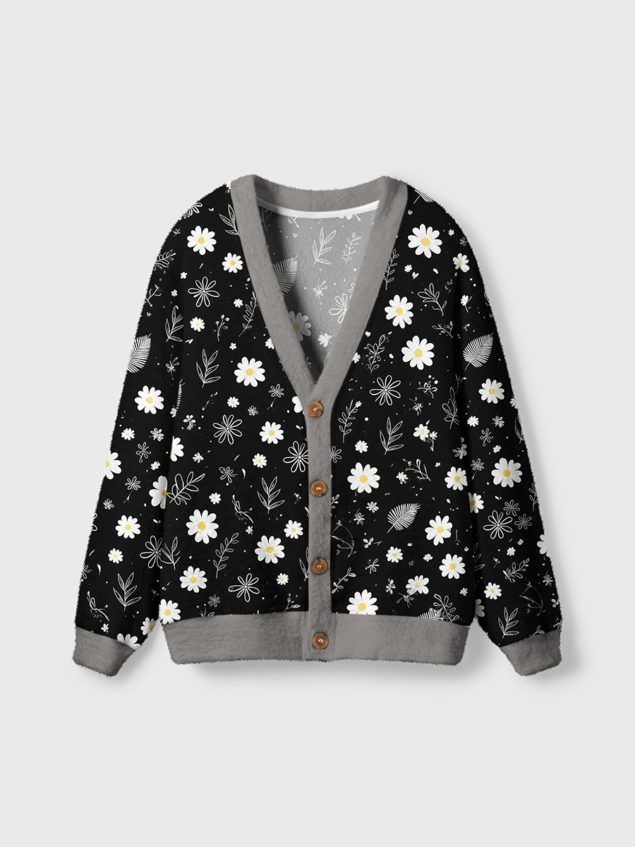 Vintage Minimalist Black and White Botanical Cardigan Sweaters