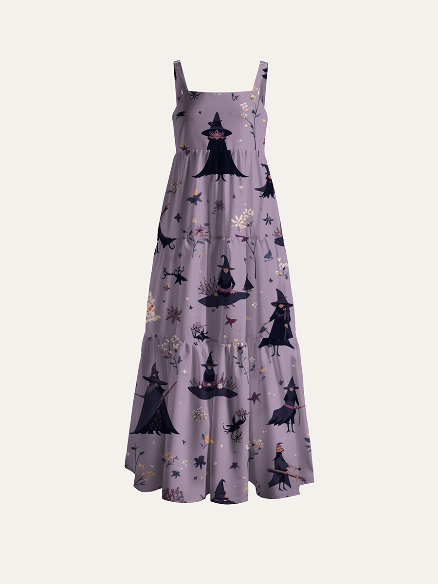 Vintage Muted Lilac Witch Halloween Adjustable Wide Straps Maxi Dress