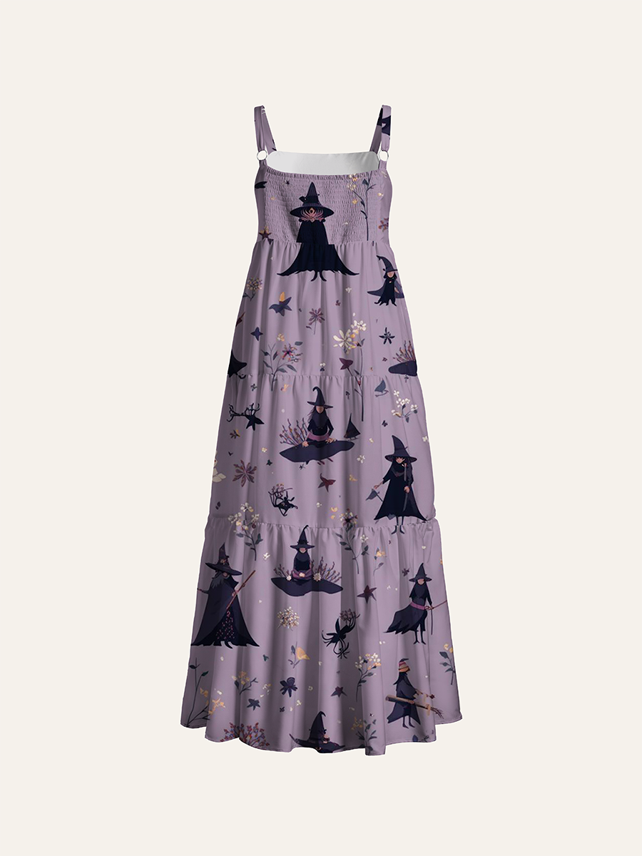 Vintage Muted Lilac Witch Halloween Adjustable Wide Straps Maxi Dress