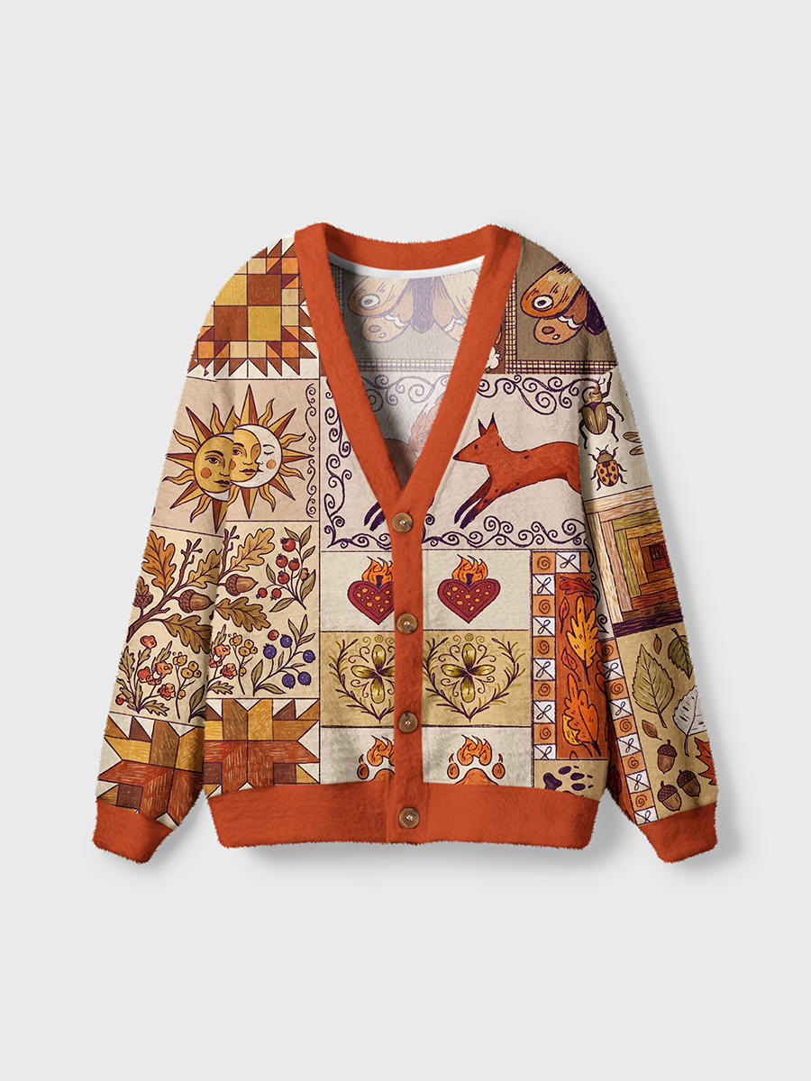 Vintage Autumn Animal Fox Cardigan Sweaters