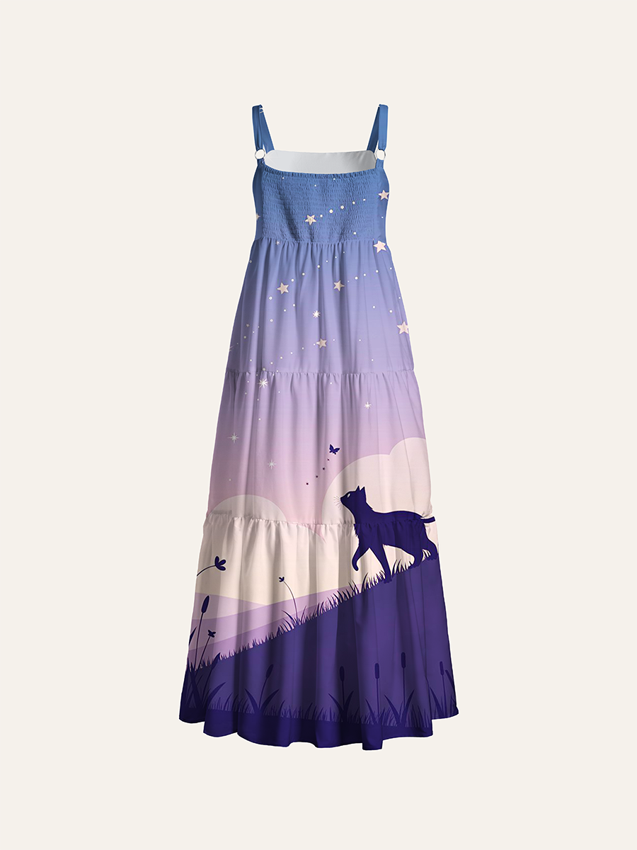Black Cat Walking On Grass Hill Adjustable Wide Straps Maxi Dress