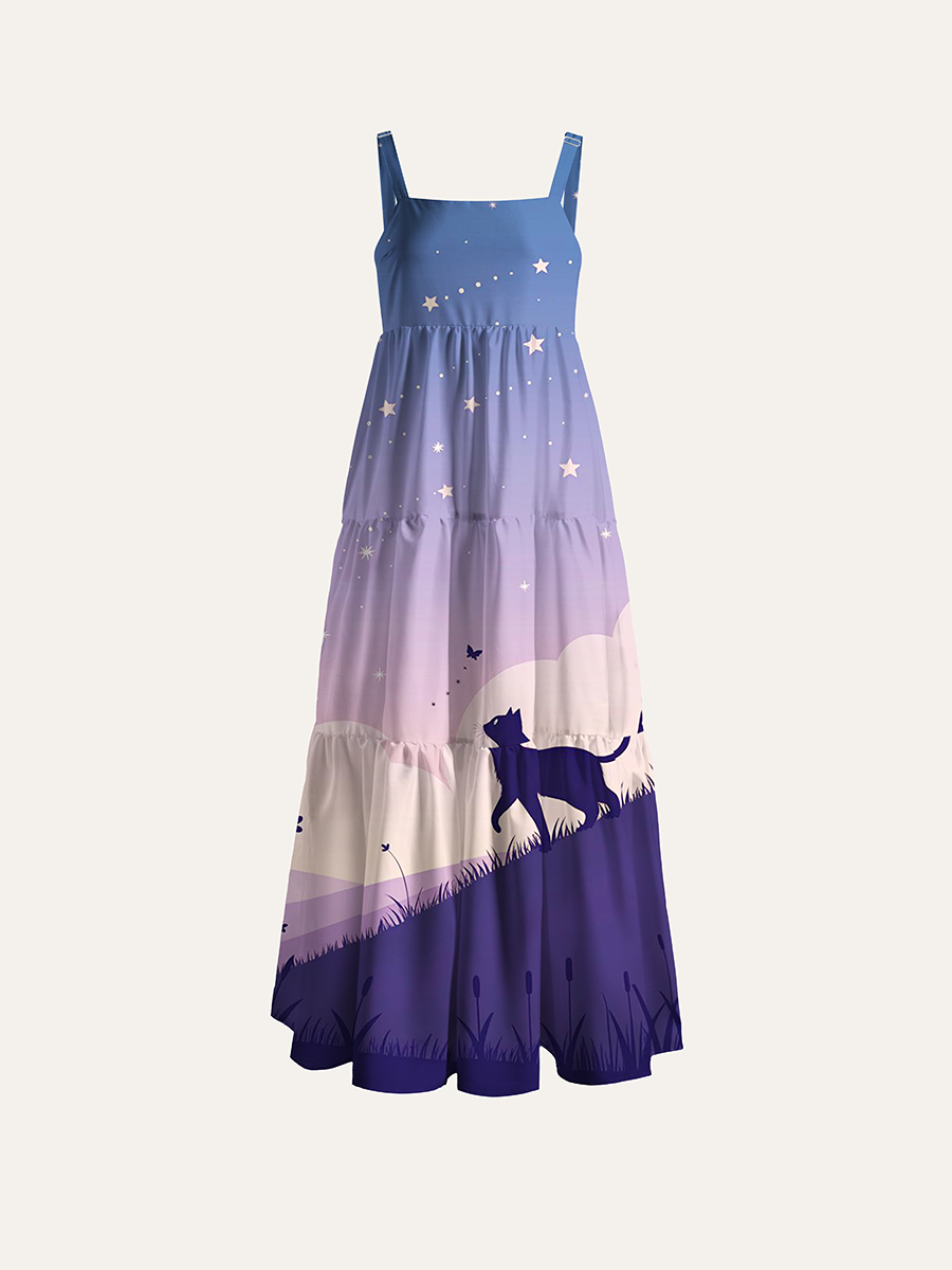Black Cat Walking On Grass Hill Adjustable Wide Straps Maxi Dress