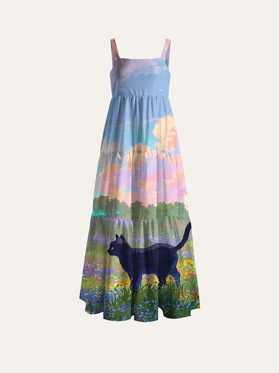 Anime Pastel Sunset Wildflower Field Black Cat Adjustable Wide Straps Maxi Dress