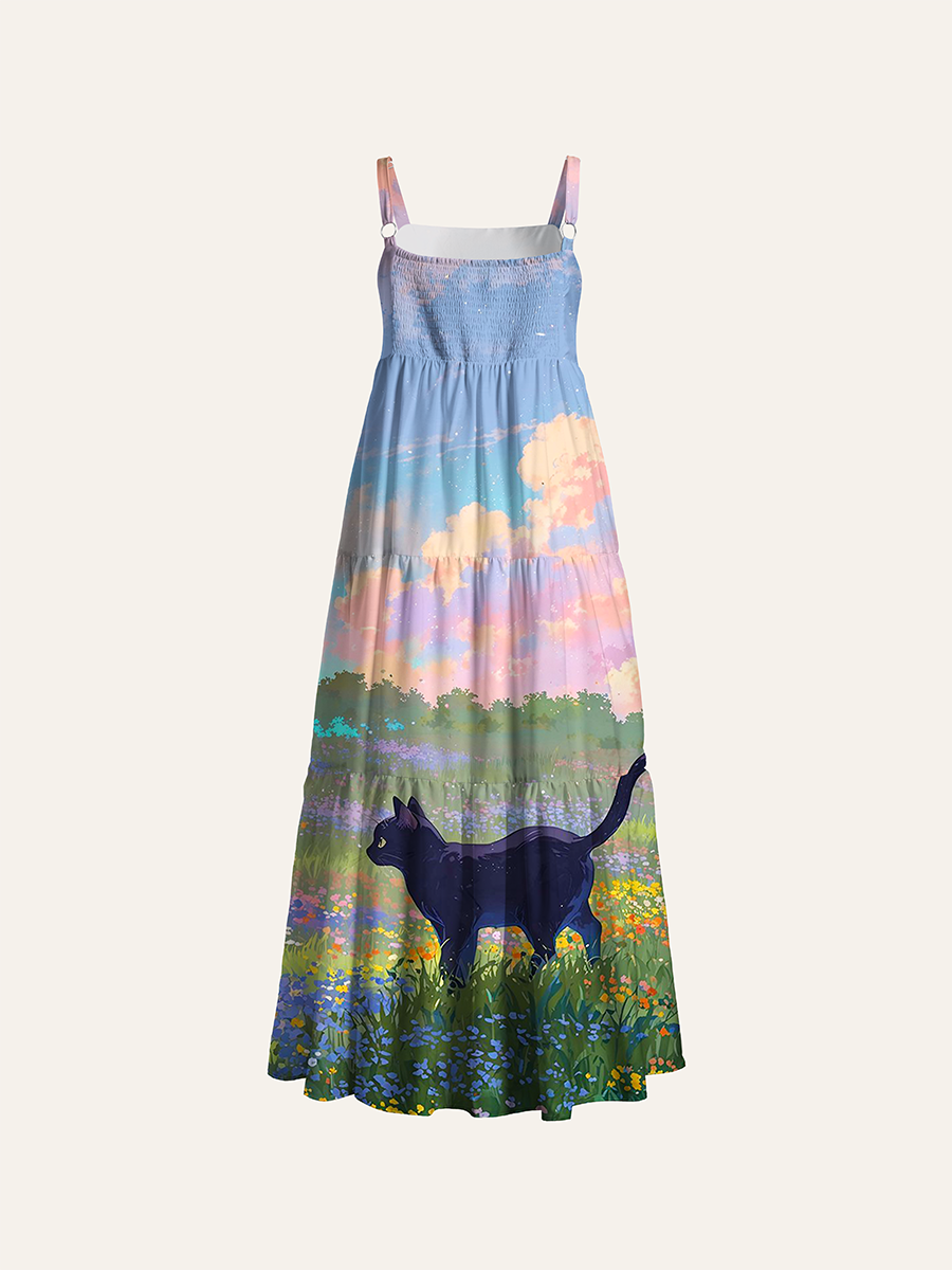 Anime Pastel Sunset Wildflower Field Black Cat Adjustable Wide Straps Maxi Dress
