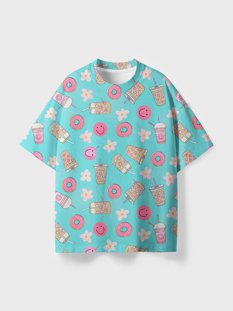 Vintage Coffee Smiley Face Kid All Over Print T-Shirt