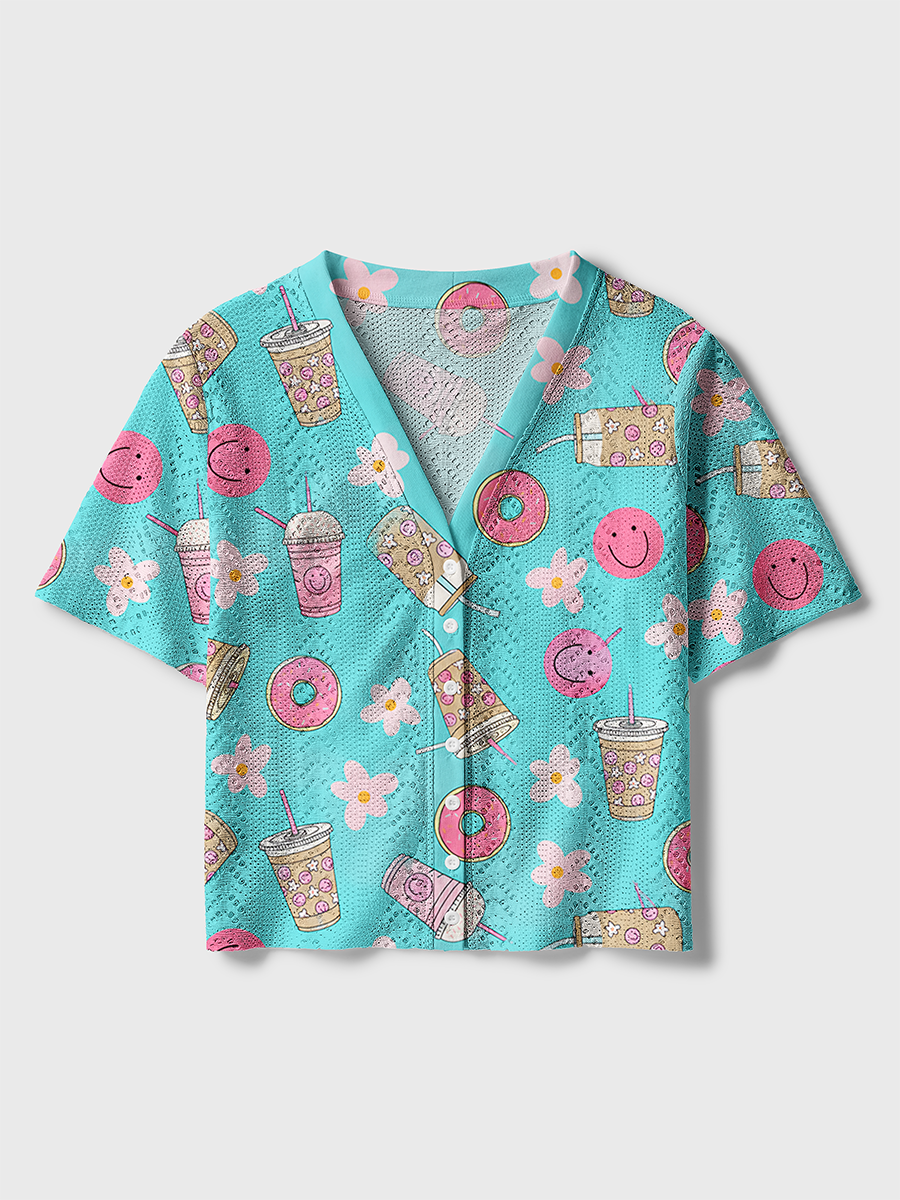 Coffee Smiley Face Kid Crochet Button Down Cardigan