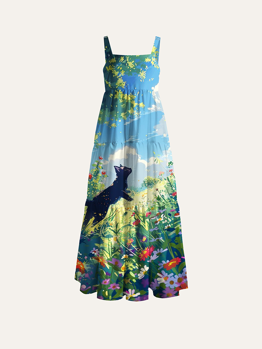Bright Summer Forest Black Cat Anime Adjustable Wide Straps Maxi Dress