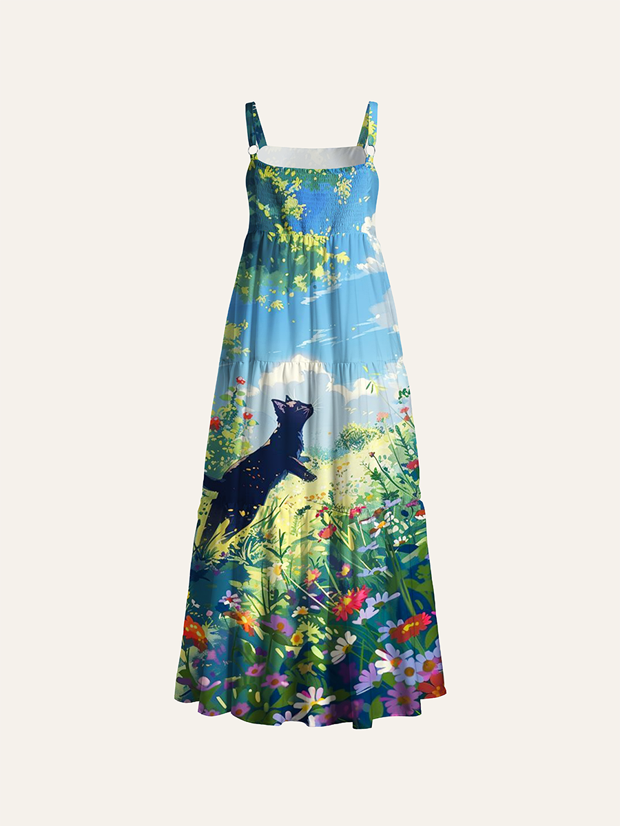 Bright Summer Forest Black Cat Anime Adjustable Wide Straps Maxi Dress