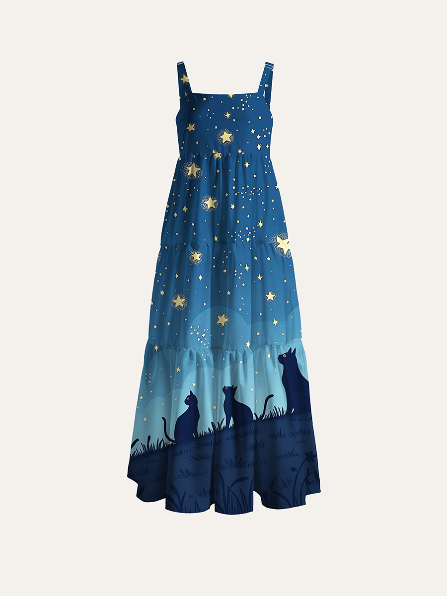 Minimal Dark Blue Starry Hill Cat Silhouette Adjustable Wide Straps Maxi Dress