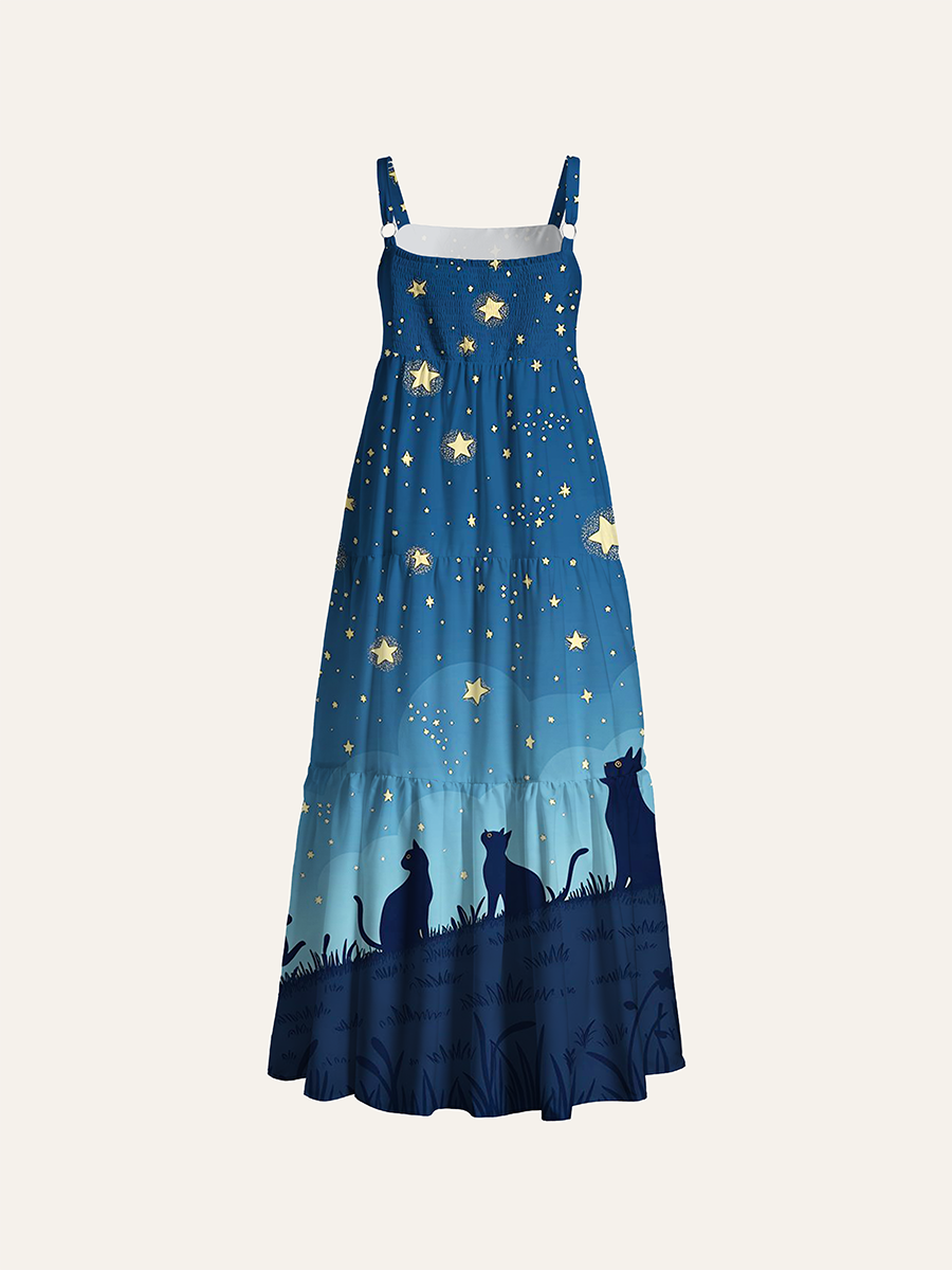 Minimal Dark Blue Starry Hill Cat Silhouette Adjustable Wide Straps Maxi Dress