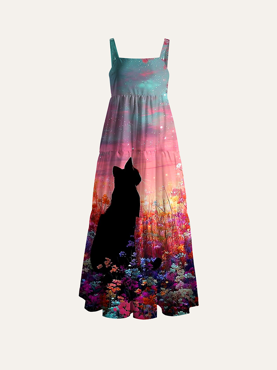 Dream Magenta-Purple Galaxy Wildflower Cat Adjustable Wide Straps Maxi Dress
