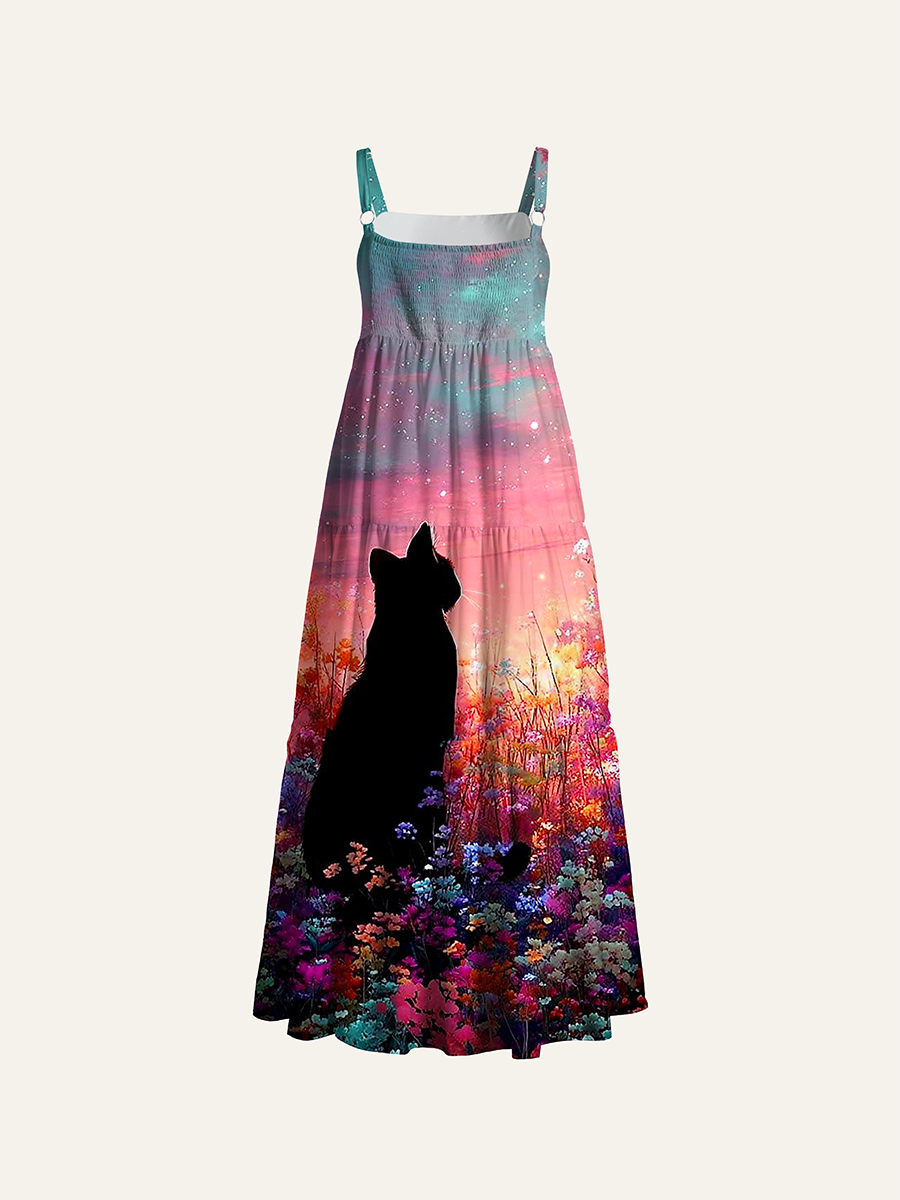 Dream Magenta-Purple Galaxy Wildflower Cat Adjustable Wide Straps Maxi Dress