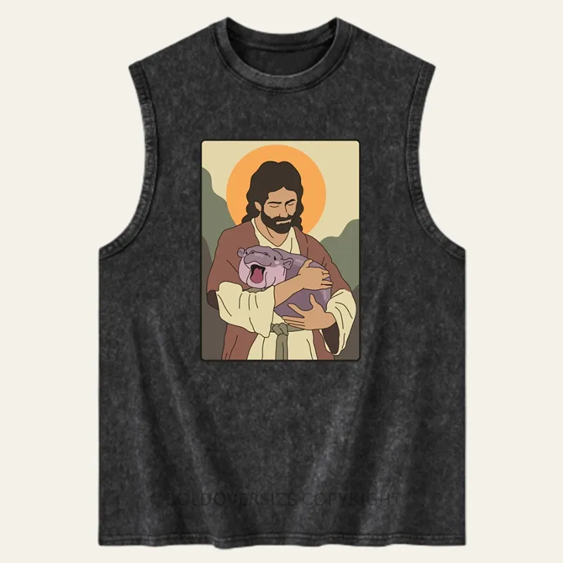 Vintage Moo Deng Jesus Washed Tank
